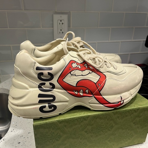 Gucci White Rhyton Leather Sneakers Gucci Rhyton Red Mouth Lips Tongue Shoes - Picture 7 of 16